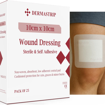 Box of DERMASTRIP 10cm x 10cm Wound Dressing shown next to a close-up of a person's knee with a self-adhesive dressing applied.