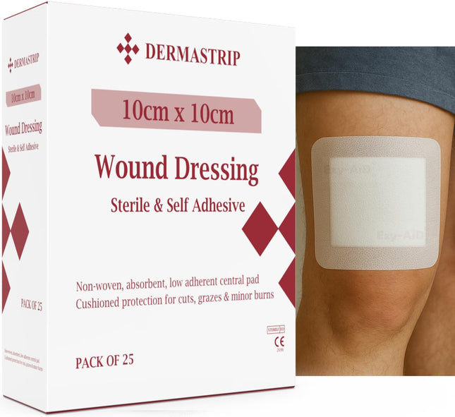 Box of DERMASTRIP 10cm x 10cm Wound Dressing shown next to a close-up of a person's knee with a self-adhesive dressing applied.