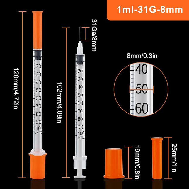 Close-up of needle tip and volume markings for precision dosing, 1ml syringe with 31G 8mm needle on white background, CE marked
