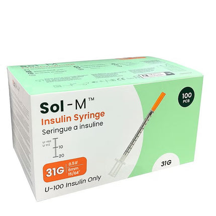 A box of Sol-M 31G insulin syringes, 100 pack, featuring a white and light green design with an illustration of the syringe.