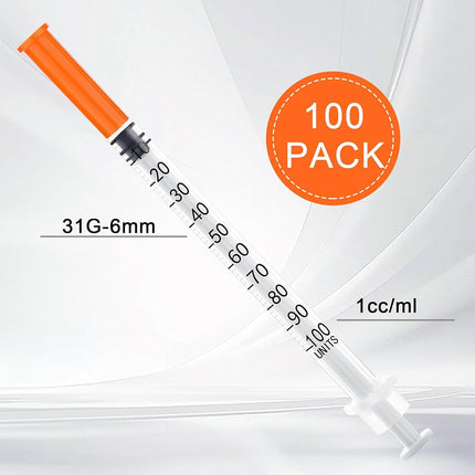 A single syringe shown diagonally on a clean white background with printed measurement labels reading 30G-8mm and 1cc/ml, plus an orange circular badge that says 100 PACK.