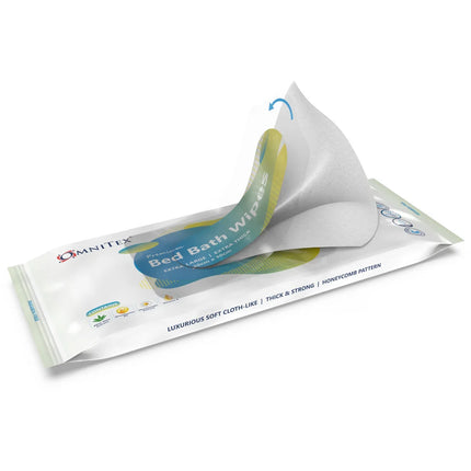 Omnitex bed bath wipes packaging on a white background