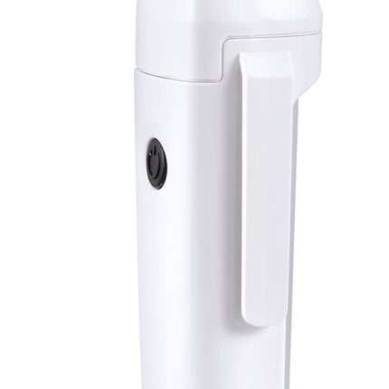 White handheld shower head with black accents on a white background