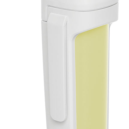 A handheld medical otoscope with a white body, a light Colza yellowhandle grip, and a silver metallic tip, shown on a plain white background.