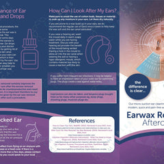 A4 tri-fold leaflet for ear wax removal aftercare downloadable PDF, featuring care tips, sinus info, and medication advice.