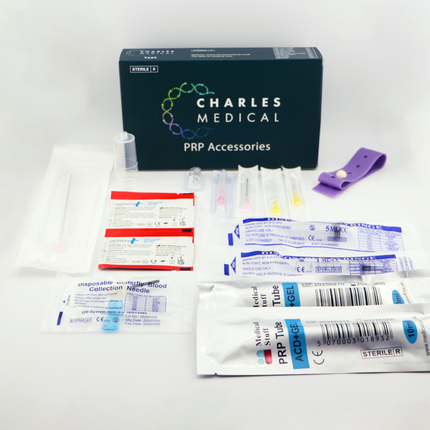 Complete PRP ACD-Gel kit with sterile tubes, assorted needles, syringes, tourniquet, and skin cleaning wipes.