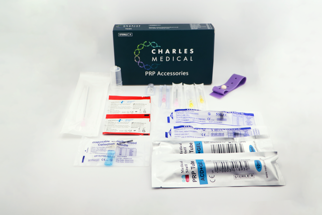 Complete PRP ACD-Gel kit with sterile tubes, assorted needles, syringes, tourniquet, and skin cleaning wipes.