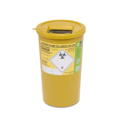 A yellow biohazard waste container with a screw-on lid and a warning label on the front, photographed on a white background.
