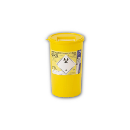A bright yellow biohazard waste container with a secure lid, featuring a white diamond-shaped biohazard label with a biohazard symbol on the front, set against a plain white background.