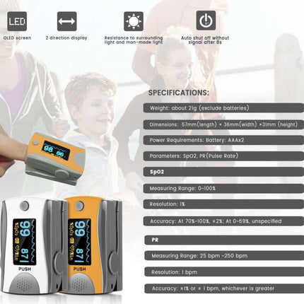 Professional fingertip pulse oximeter displaying oxygen and pulse data, specifications listed, suitable for various environments.