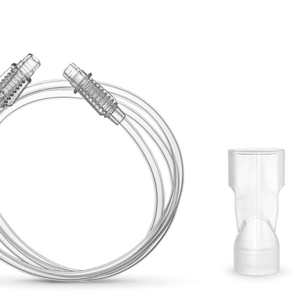 Set of medical devices including a mask, tubing, and reservoirs on a white background