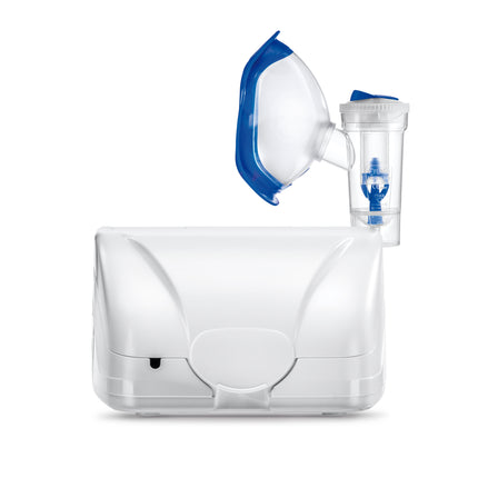 Clear and blue handheld inhaler device on a white background