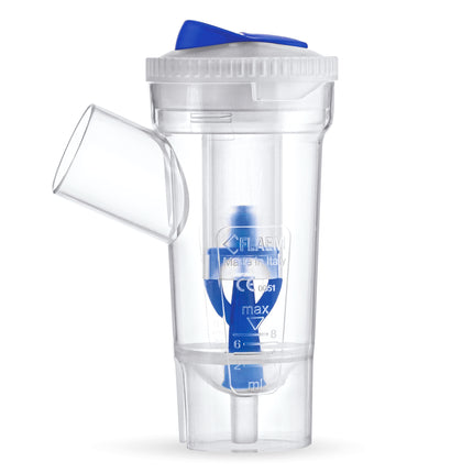 Clear plastic container with blue cap on a white background