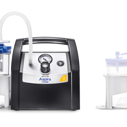 Aspirator device with two collection jars on a white background