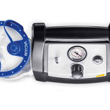 Ventilator with blue patient circuit on a white background