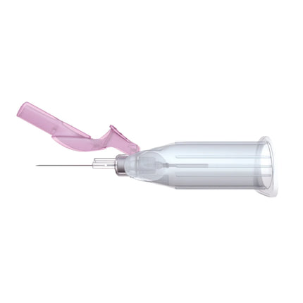 A clear plastic IV or injection syringe with a translucent pink plunger, shown horizontally against a plain white background.