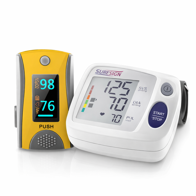 Two blood pressure monitors, one yellow and one white with digital display, on a white background.