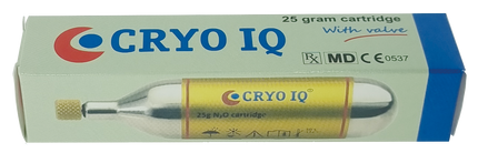 Cryo IQ 25 gram cartridge packaging with valve on a light green background