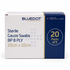 Box of Bluedot sterile gauze swabs on a white background
