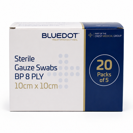Box of Bluedot sterile gauze swabs on a white background