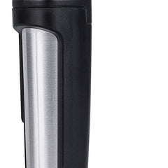A handheld medical otoscope with a black body, silver metallic accents, and a clear lens, shown against a plain white background.