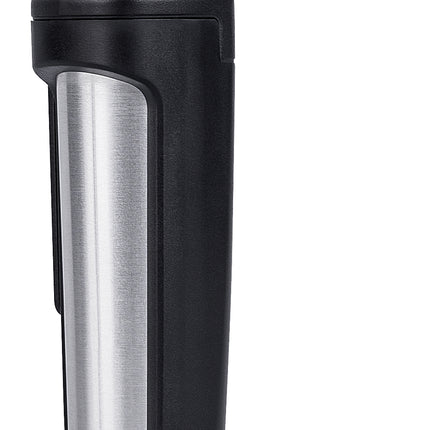 A handheld medical otoscope with a black body, silver metallic accents, and a clear lens, shown against a plain white background.