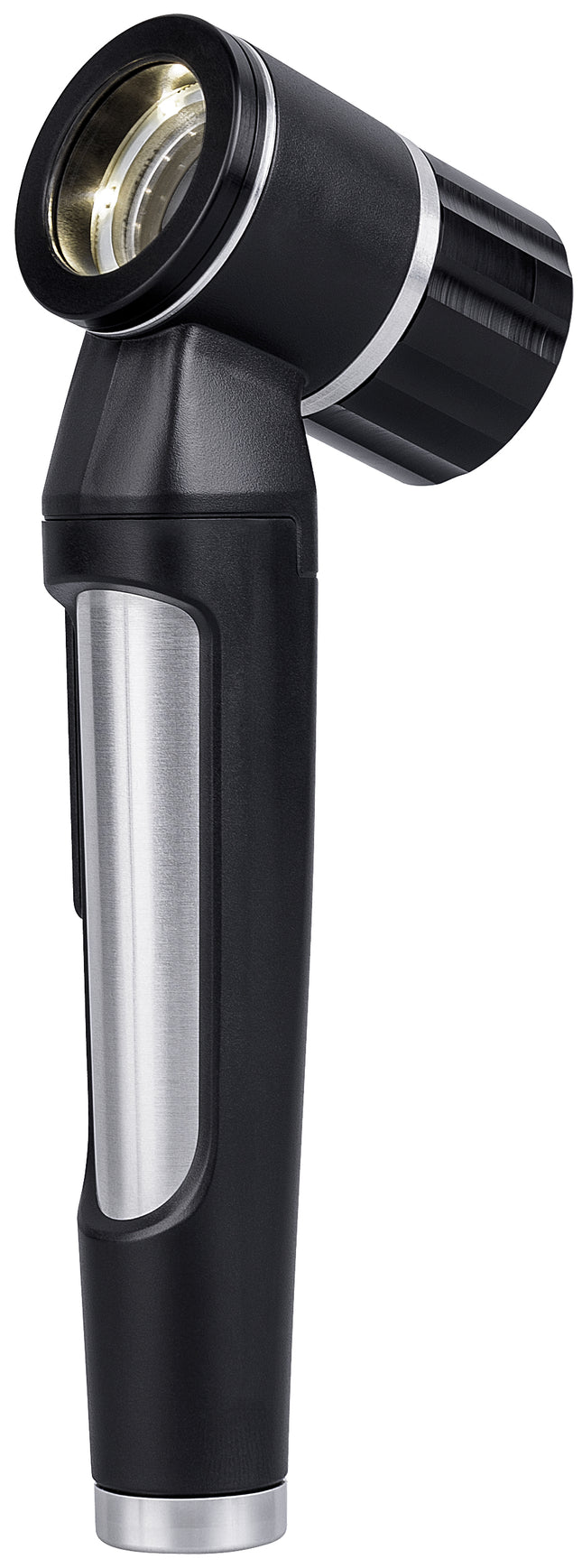A handheld medical otoscope with a black body, silver metallic accents, and a clear lens, shown against a plain white background.