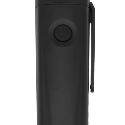 A black handheld measuring device with a circular dial face, a side clip, and a silver-toned base, shown on a plain white background.
