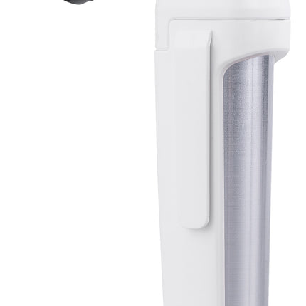 A handheld white and black laser pointer device with a clear protective cover over the lens, shown on a plain white background.