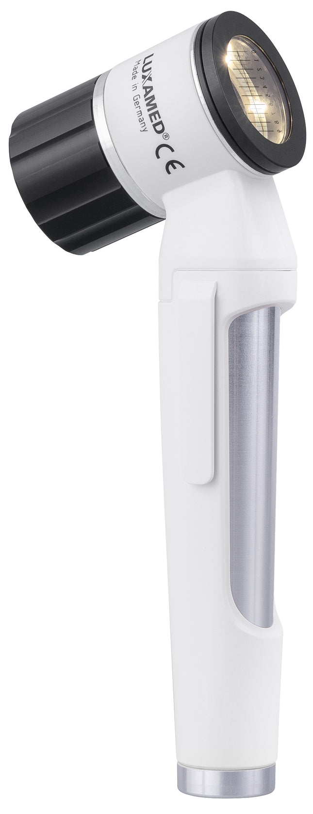 A handheld white and black laser pointer device with a clear protective cover over the lens, shown on a plain white background.