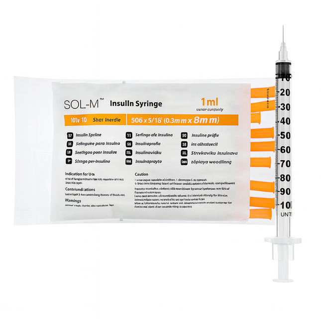Insulin syringe 1ml 30G 8mm Sol-M Fixed Needle with packaging, ideal for accurate U100 insulin dosing.