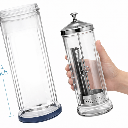 Disinfecting Jar 1500ml Stainless Steel Lid and Glass Body with 11 inch height shown in hand