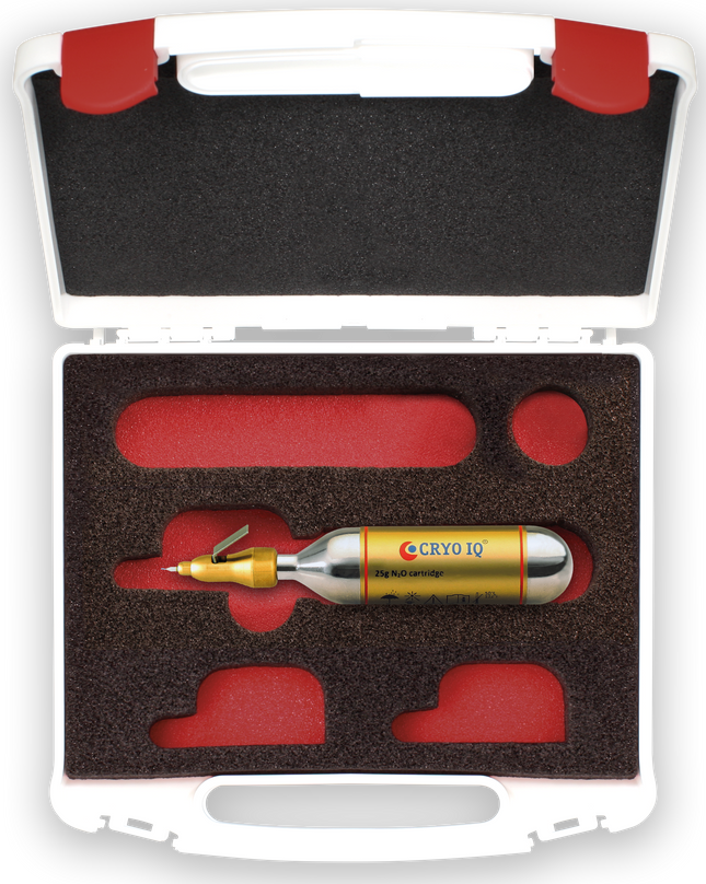 Cryo IQ nitrogen cartridge and tool set in a foam-lined case with red interior.