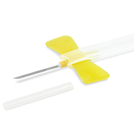 20G butterfly needles with Vacutainer featuring yellow winged grip and flexible tubing for blood collection.