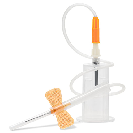 Single 25G butterfly blood collection set coiled tubing on white