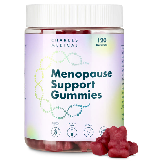 Menopause Support Gummies jar with vegan, sugar-free, hormone balance gummies for menopause relief and wellness.