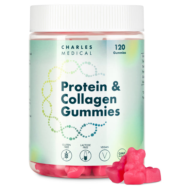 Bottle of vegan sugar-free collagen protein 120 gummies with mixed berries flavor and 1500 mg protein and collagen.