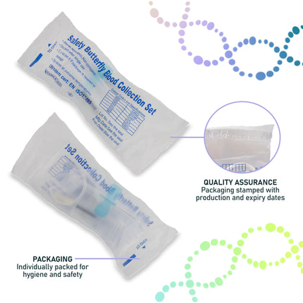 21G butterfly needles with vacuum holders, pack of 50, CE certified medical packaging, phlebotomy supplies