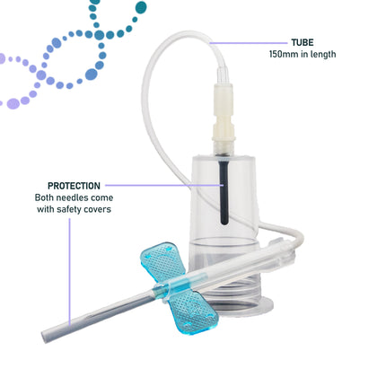 close-up of 23G butterfly blood draw needle with vacuum holder and safety shield, medical-grade equipment