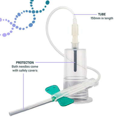 close-up of 21G butterfly blood collection needle with safety shield and vacuum holder, medical-grade design