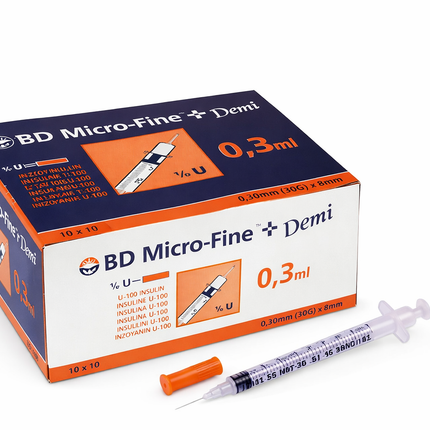 BD Micro-Fine Demi 0.3ml 30G x 8mm insulin needle syringe with box and syringe displayed