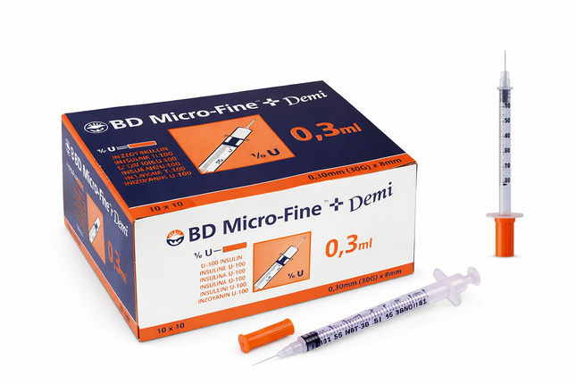 BD Micro-Fine Demi 0.3ml 30G x 8mm insulin needle syringe with box and syringe displayed