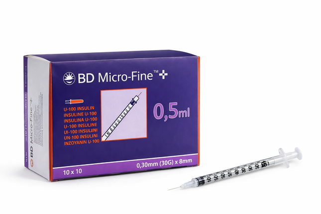 BD 0.5ml 30G x 8mm insulin needle syringe box and single syringe for precise insulin delivery.