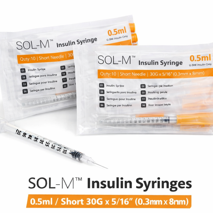 Sol-M Insulin Syringe 0.5ml 30G 8mm - Fixed Needle - U-100 - Box of 100