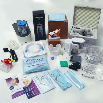 Professional ear wax removal kit with stainless steel instruments, sterile consumables, and digital tools for clinics.