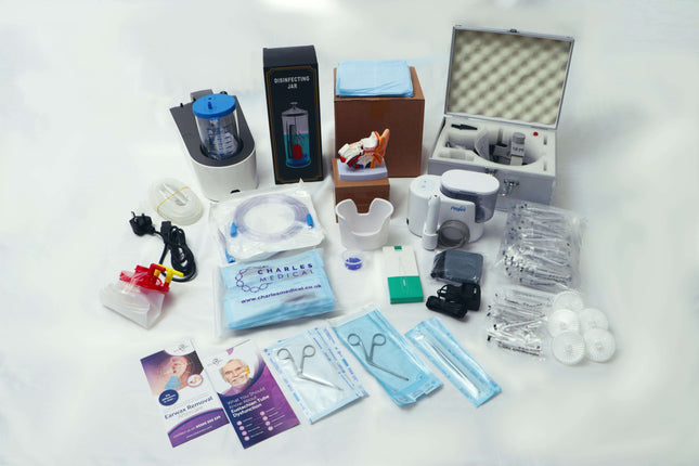 Professional ear wax removal kit with stainless steel instruments, sterile consumables, and digital tools for clinics.