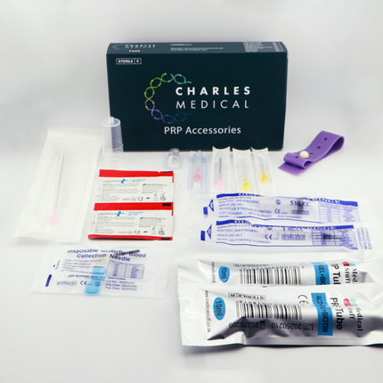 Complete PRP ACD-Gel with Biotin kit with sterile tubes, assorted needles, syringes, tourniquet, and skin cleaning wipes.