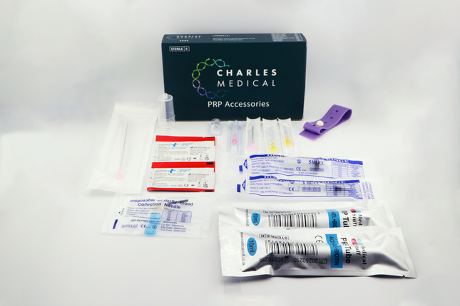 Complete PRP ACD-Gel with Biotin kit with sterile tubes, assorted needles, syringes, tourniquet, and skin cleaning wipes.