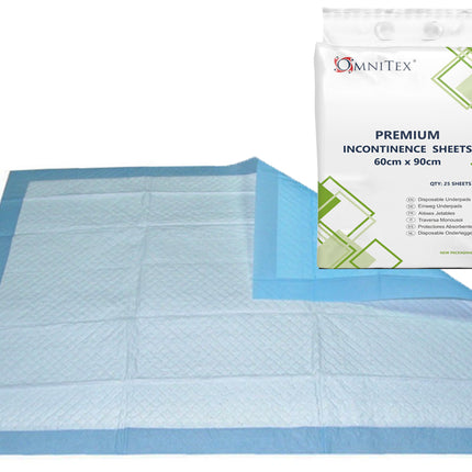 A pack of OmniTex Premium Incontinence Sheets shown with several sheets unfolded on a white background. The sheets are light blue with a quilted white center and a solid blue border.
