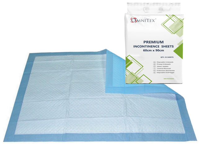 A pack of OmniTex Premium Incontinence Sheets shown with several sheets unfolded on a white background. The sheets are light blue with a quilted white center and a solid blue border.